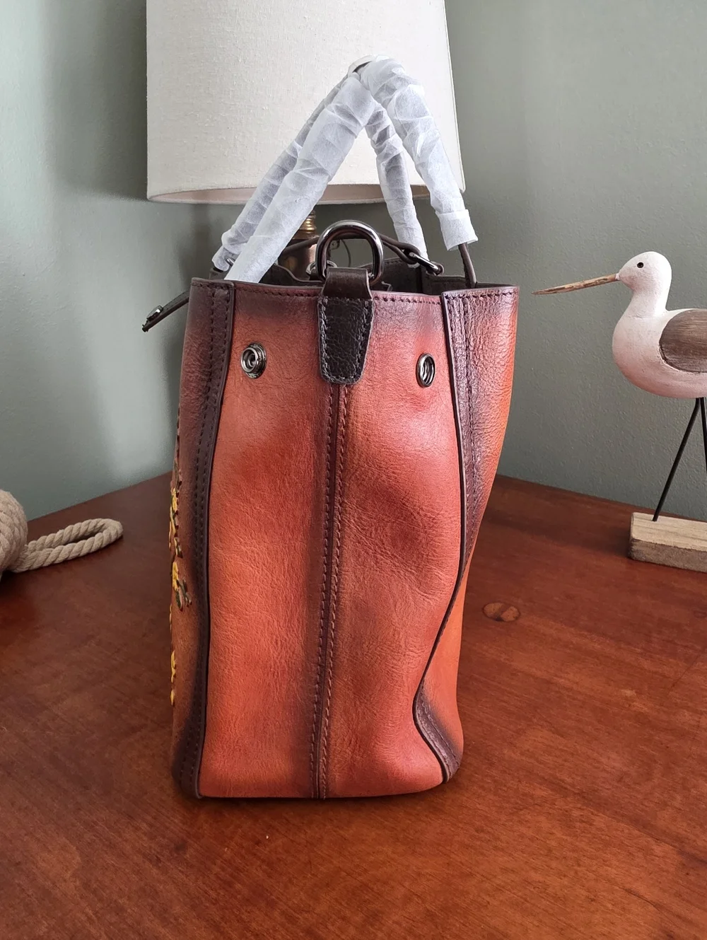 Floral Leather Satchel Crossbody Bag Tan Brown NWOT